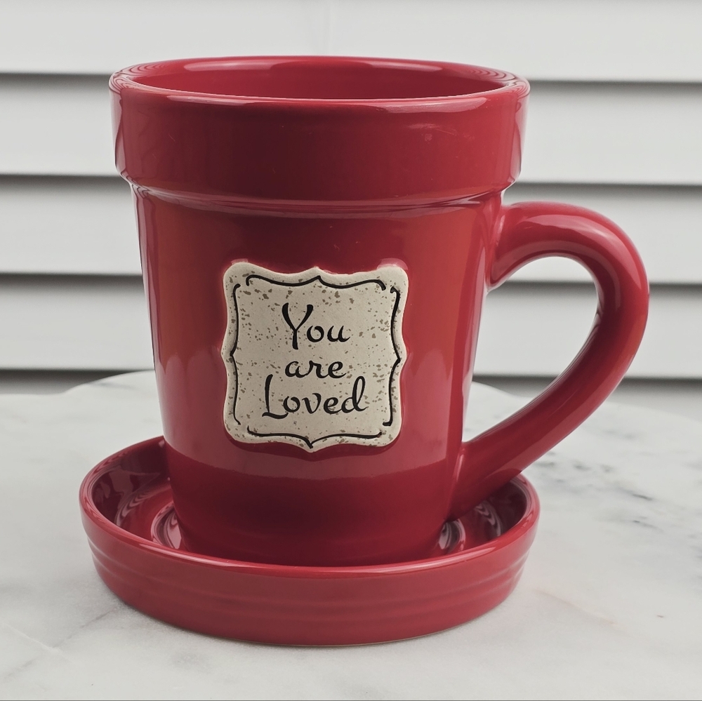 Nicole Brayden "You Are Loved"‎ Red Ceramic 12 oz Mug with Tea Bag Plate Set